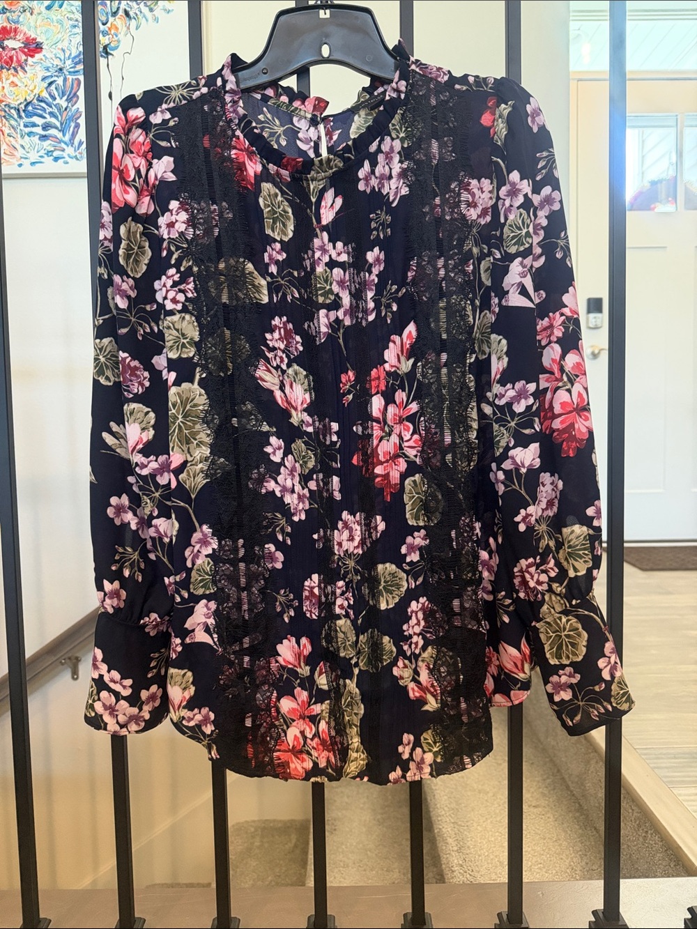 Ann Taylor Navy Floral Lace-Trim Blouse